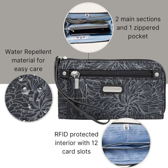 Women's RFID Zip Around Wallet Nylon Polyester Midnight Blossom Print - Picture 5 of 10